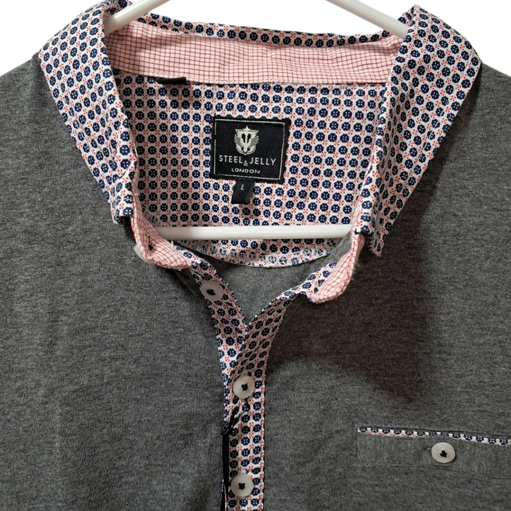 Steel & Jelly London Mens Gray Polo Shirt Geometric Contrast Trim Size L NWT